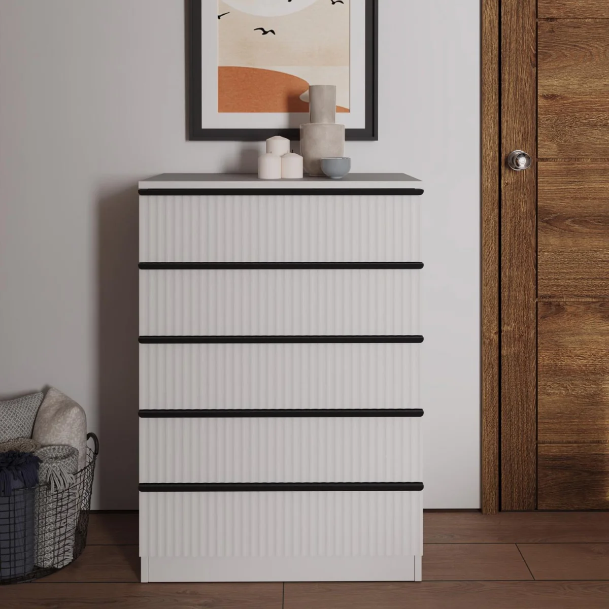FWStyle Matt White 5 Drawer Chest Scalloped Ripple Finish Modern - Matt White – image 2
