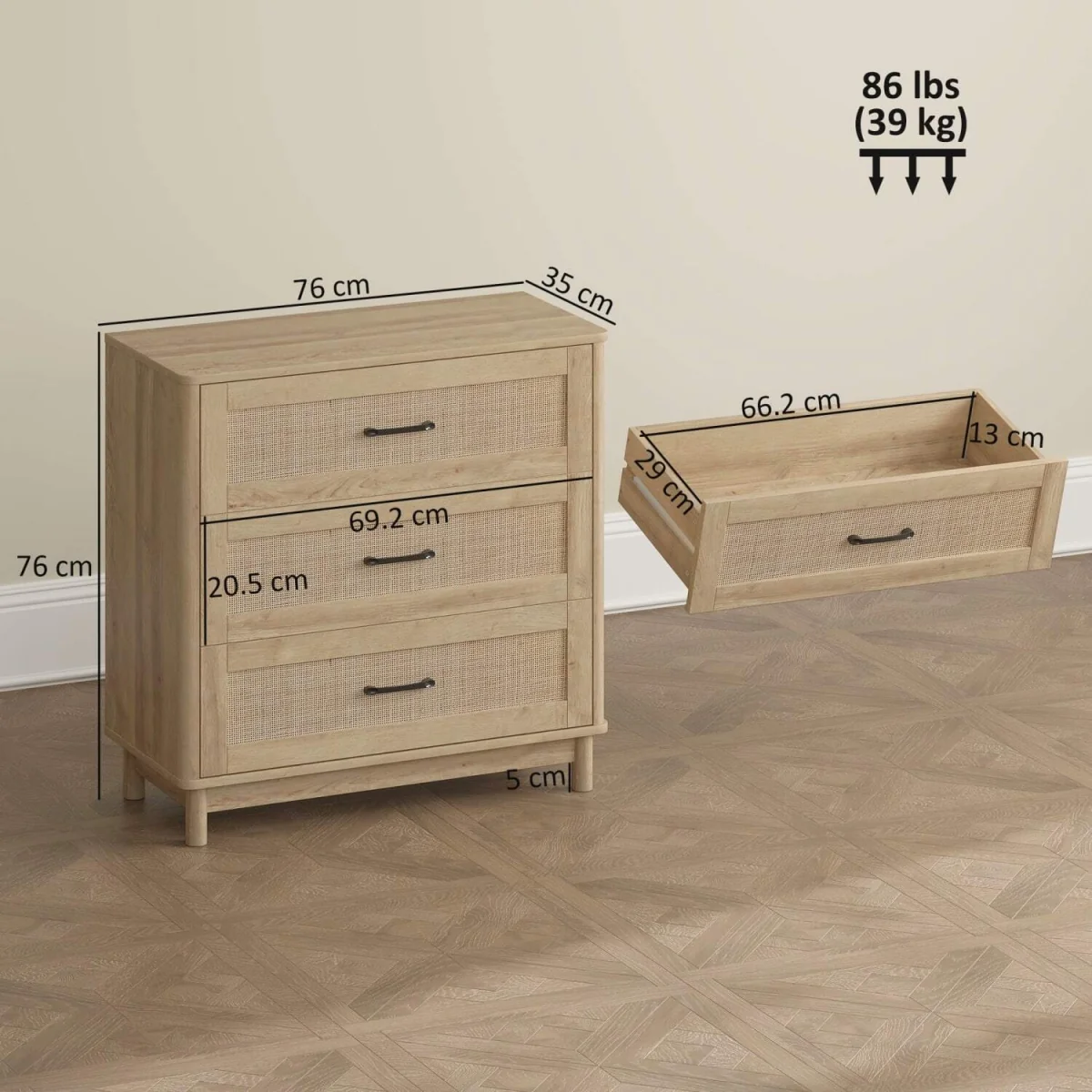 Zima Wood oak-effect 3-drawer storage chest 76 cm wide – image 5