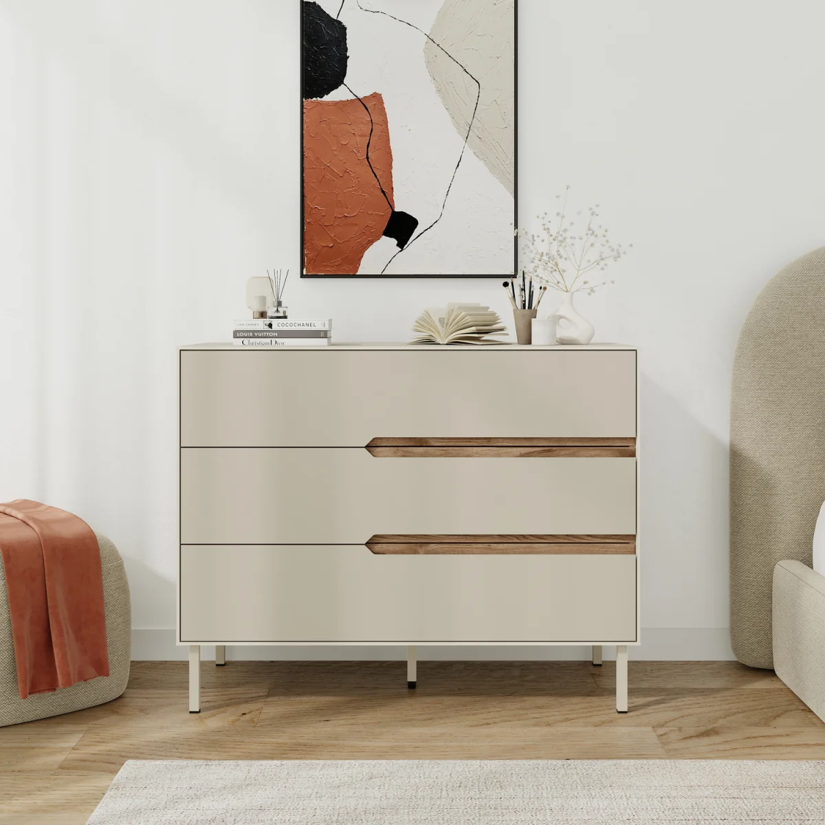 Decortie Arch Three Drawer Chest Of Drawers - Sandstone, Whiskey Oak – image 3