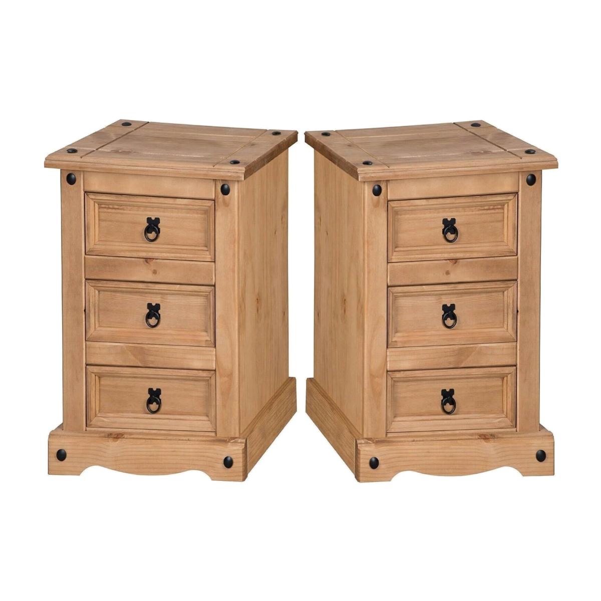 Corona Bedside Cabinet 3 Drawer Chest Table Solid Pine x2 - ANTIQUE WAX