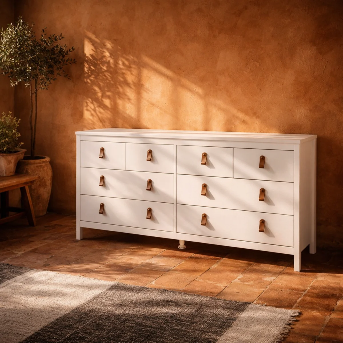 Wildberry 8-Drawer Matt White Wooden Dresser with Leather Tab Handles - White – image 2