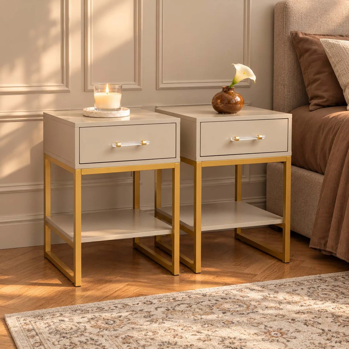 Neutral 3 Drawer Chest Of Drawers & Pair Of One Drawer Bedside Tables - Liana Taupe Range – image 1