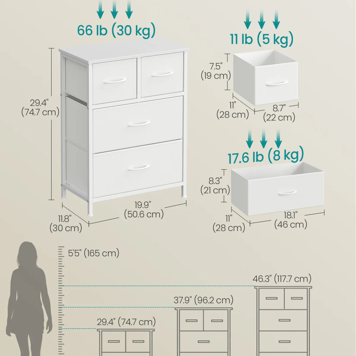 SONGMICS 4-Drawer Chest with Wooden Top, Steel Frame - White – image 3