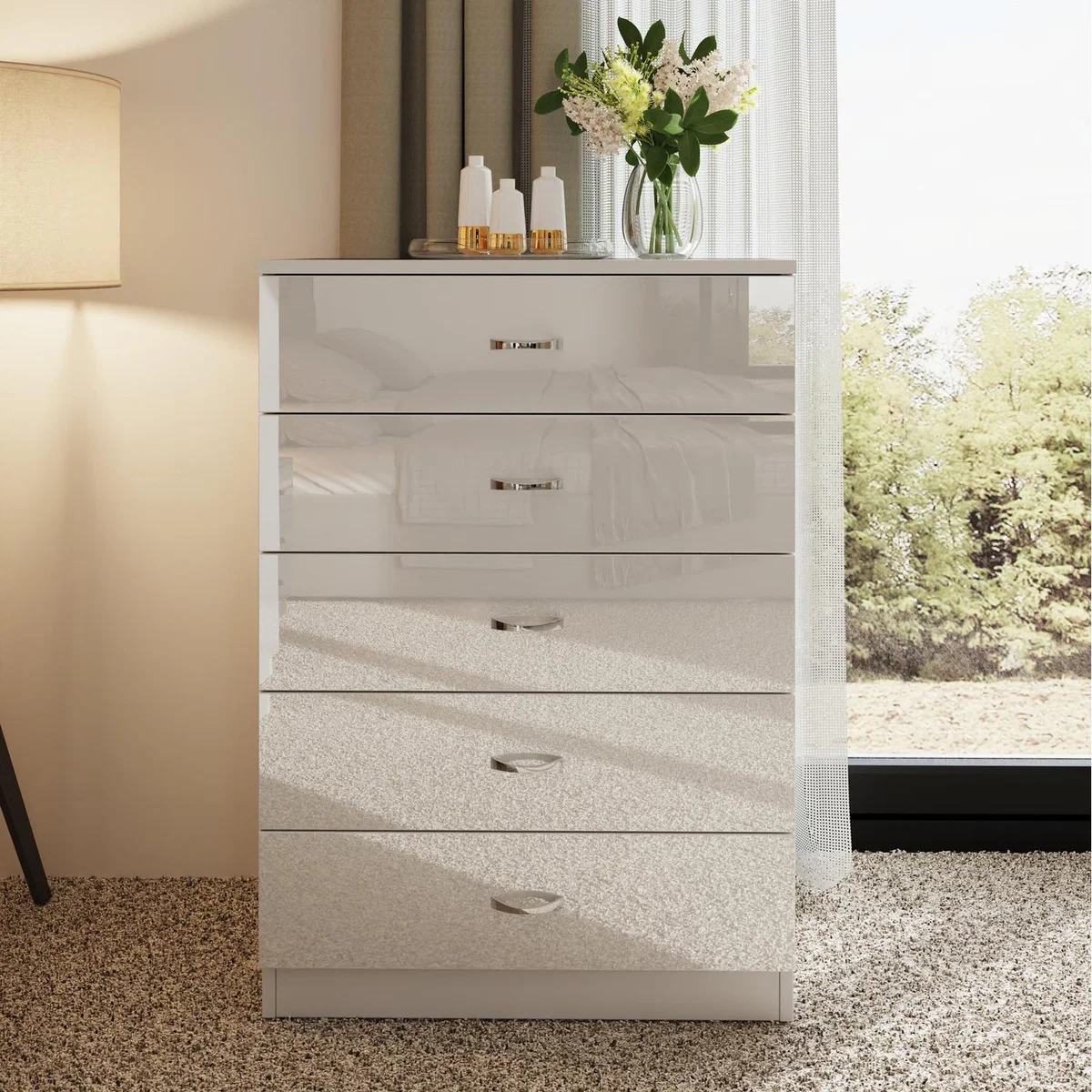 High Gloss Tall 5 Drawer Chest Of Drawers - High Gloss White