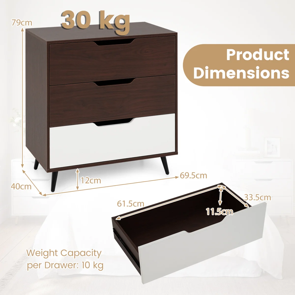 3 Drawer Modern Dresser with Metal Legs - Brown – image 2