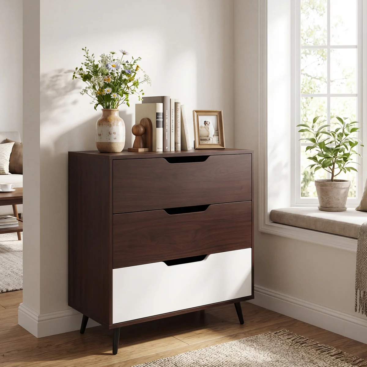 3 Drawer Modern Dresser with Metal Legs - Brown – image 3