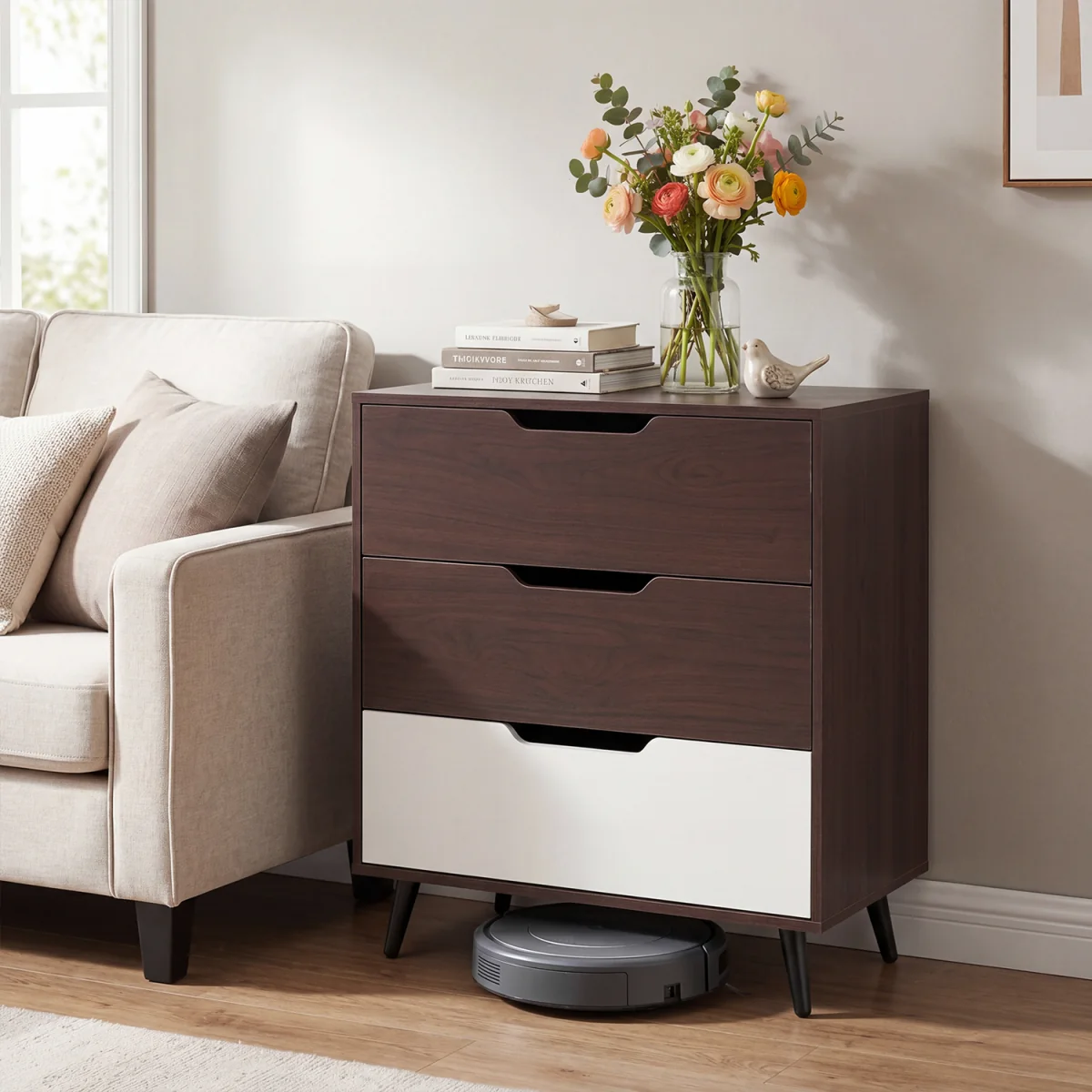 3 Drawer Modern Dresser with Metal Legs - Brown – image 4