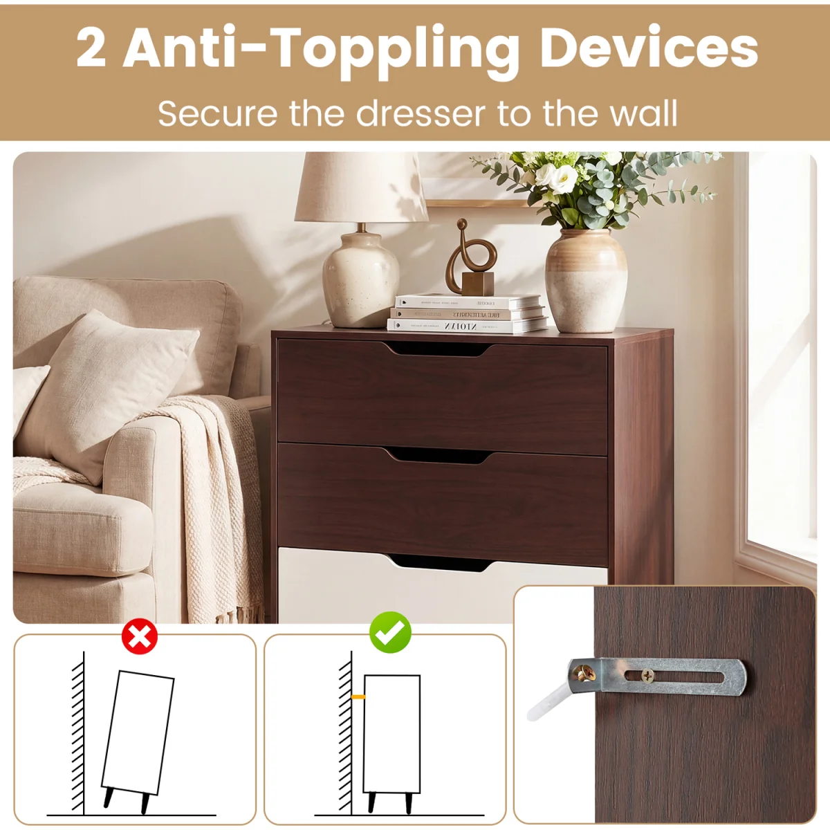 3 Drawer Modern Dresser with Metal Legs - Brown – image 6