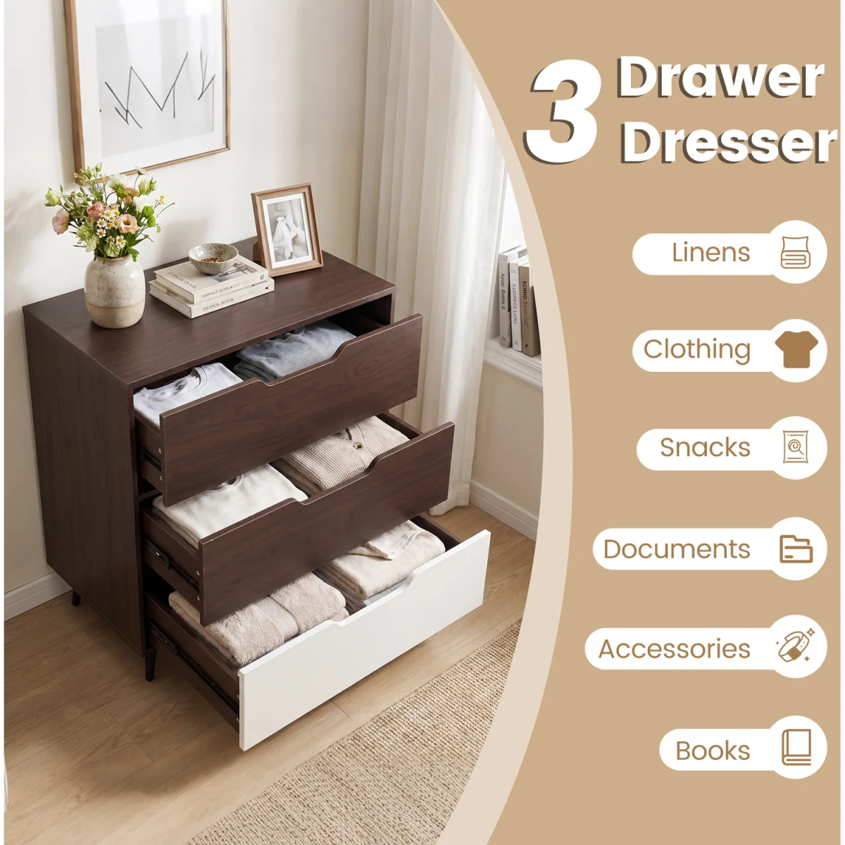 3 Drawer Modern Dresser with Metal Legs - Brown – image 7