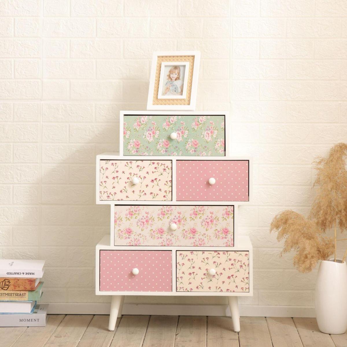 Eccleshall Floral Chest of 6 Drawers - White - White, Multicoloured – image 2