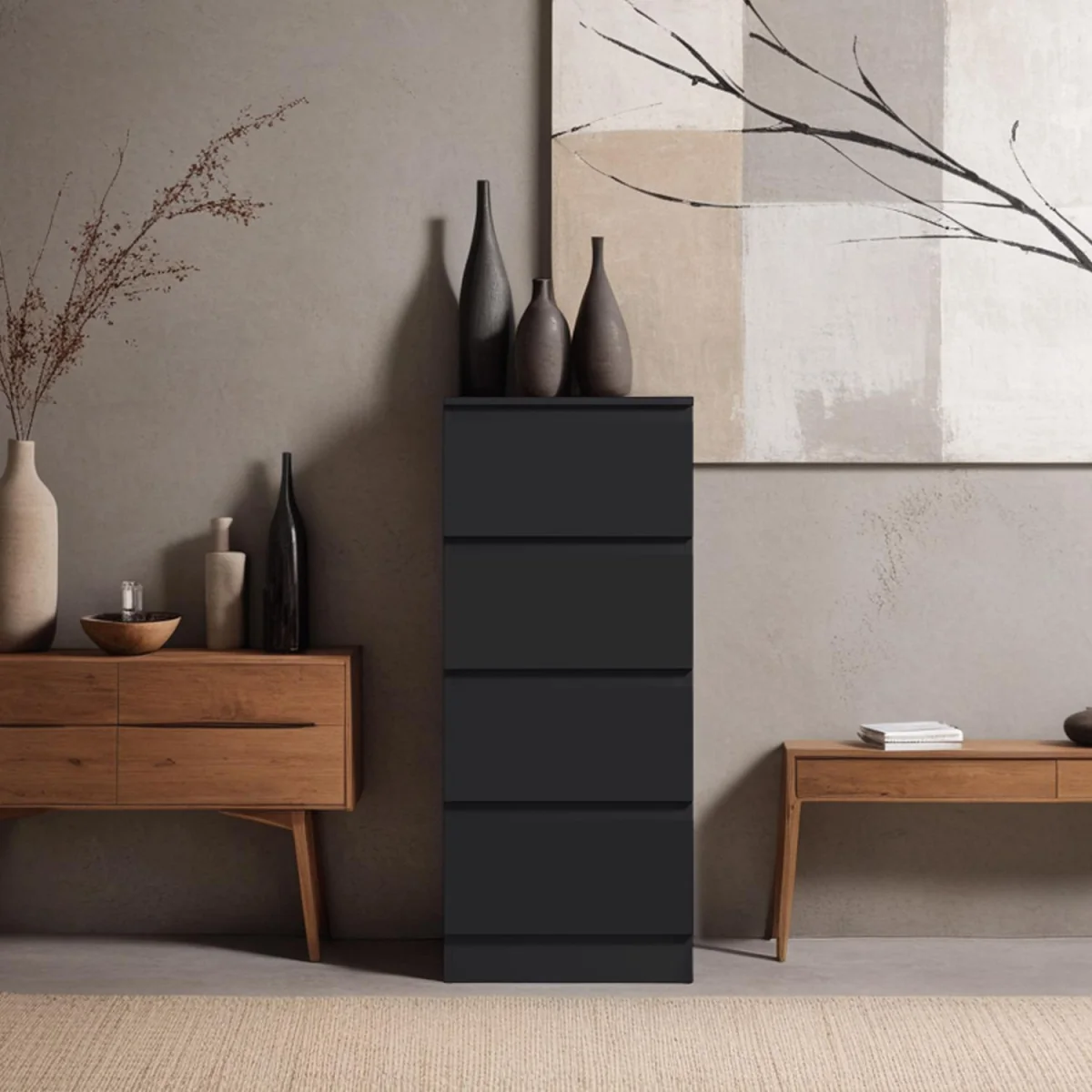 FWStyle Matt Black 4 Drawer Chest of Drawers No Handle Central Runners - Black – image 2