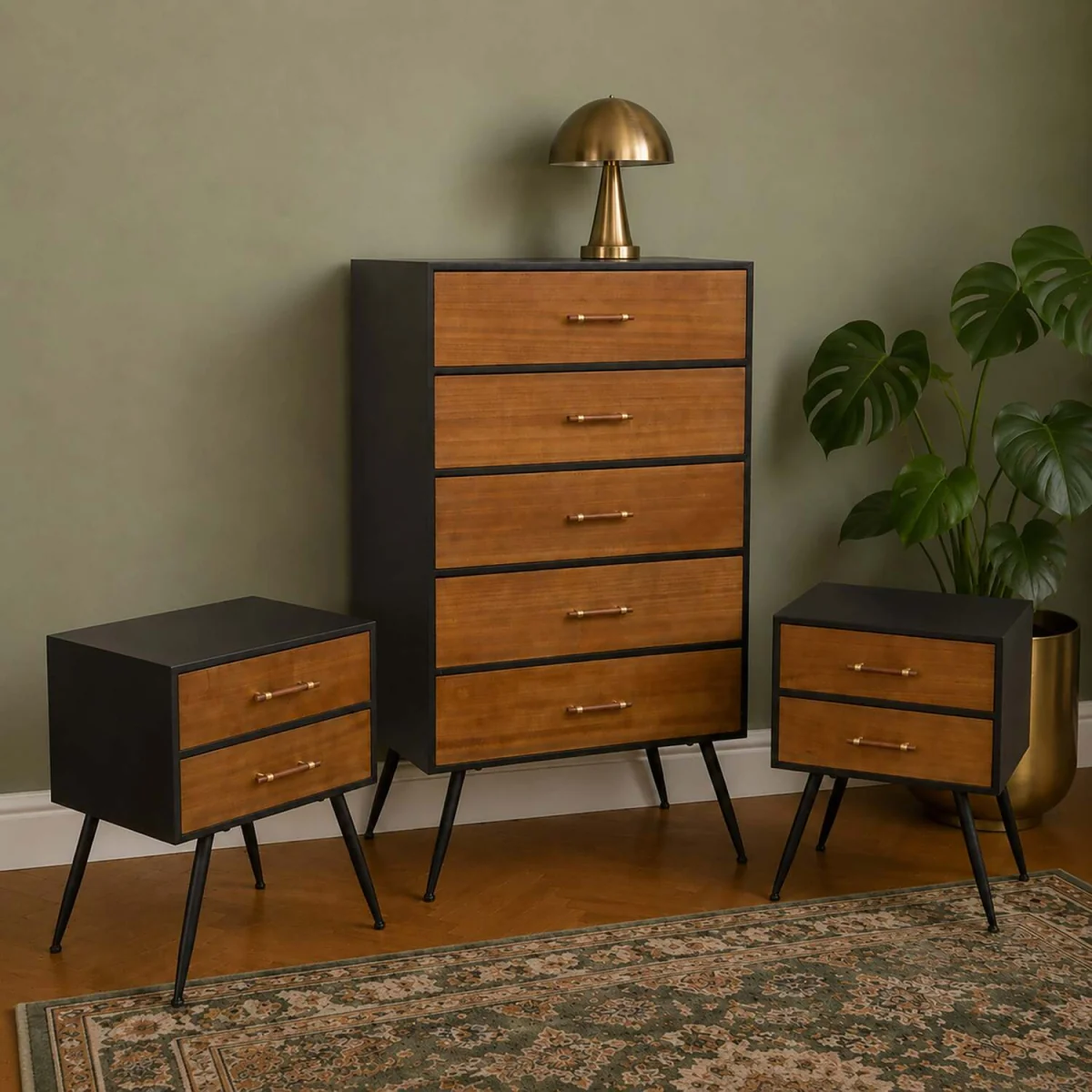 Mid-Century Modern Wooden & Black 5 Drawer Tallboy & Pair Of 2 Drawer Bedside Tables - Ludlow Range – image 1