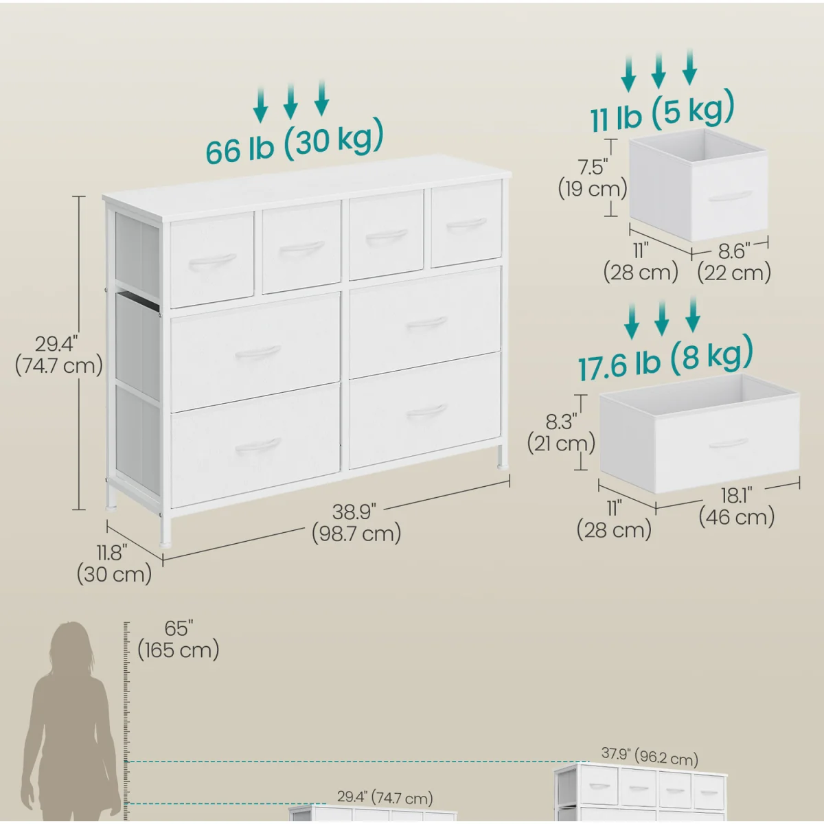 SONGMICS Chest of Drawers, 8 Fabric Drawers Storage Organiser, Steel Frame - White – image 3