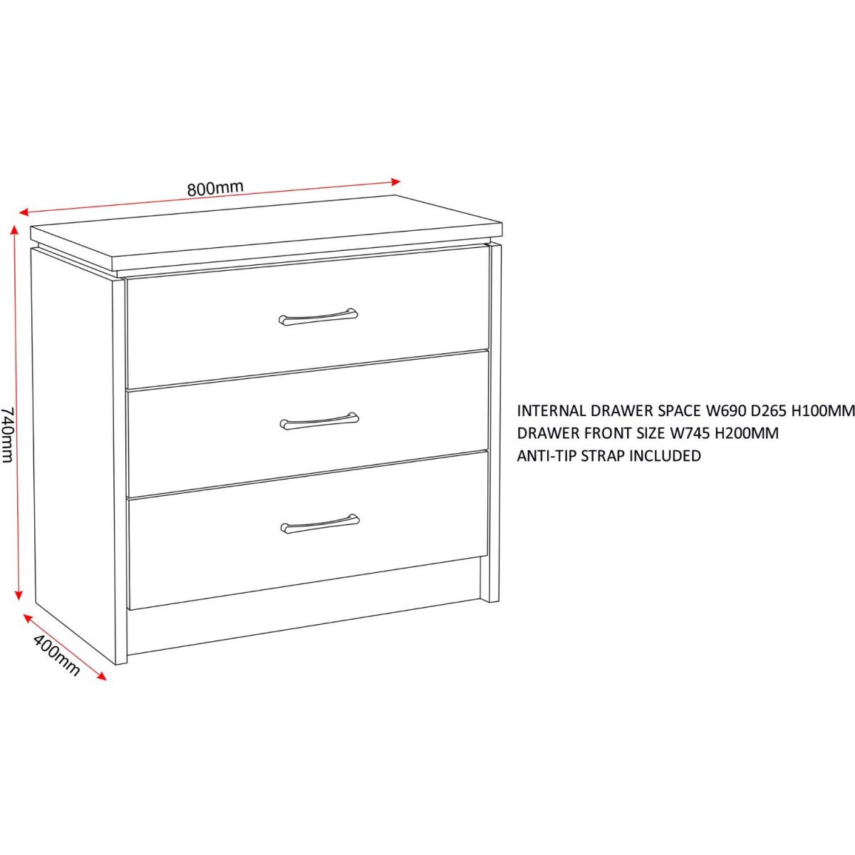Charles 3 Drawer Chest Oak Effect Veneer with Walnut Trim - Oak Effect Veneer – image 7
