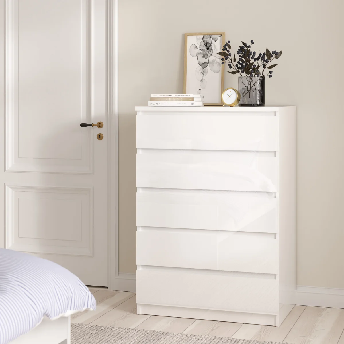 Naia Chest of 5 Drawers in White High Gloss - Oak – image 5