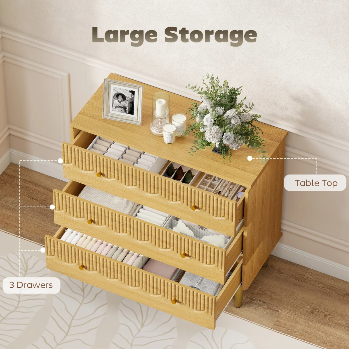 HOMCOM Chest of Drawers, 3 Drawer Dresser Steel Legs and Wooden Top, Oak - Oak – image 2