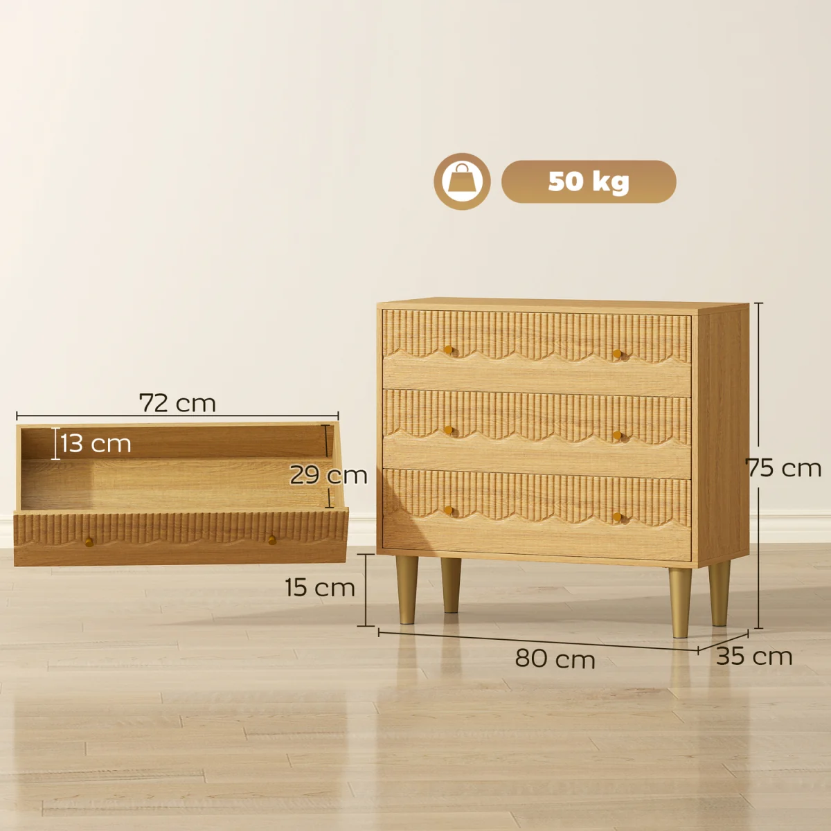 HOMCOM Chest of Drawers, 3 Drawer Dresser Steel Legs and Wooden Top, Oak - Oak – image 3