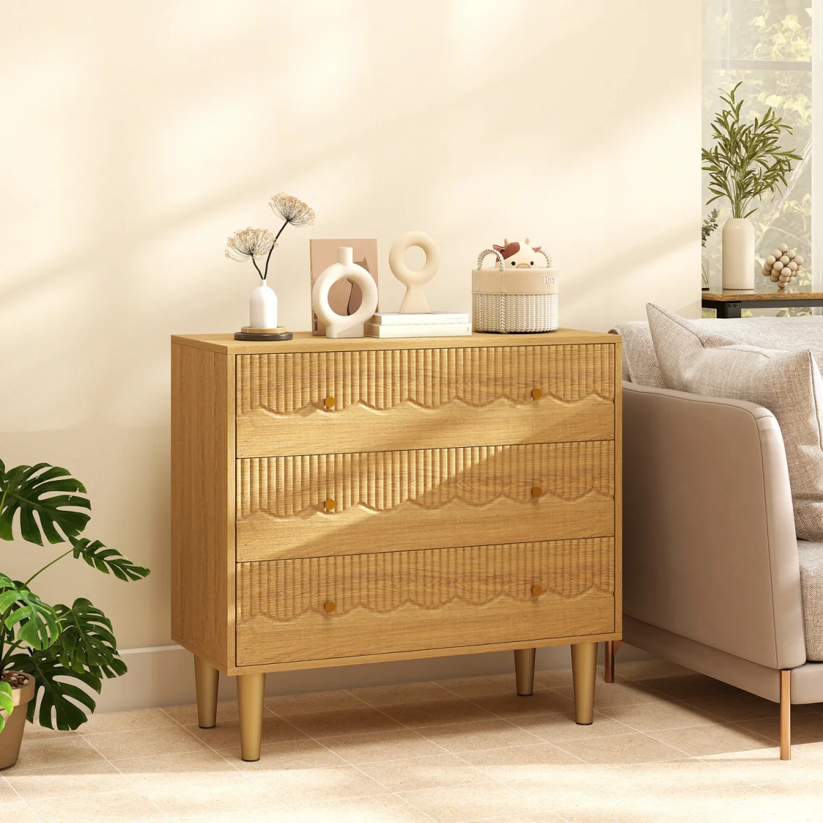 HOMCOM Chest of Drawers, 3 Drawer Dresser Steel Legs and Wooden Top, Oak - Oak – image 7