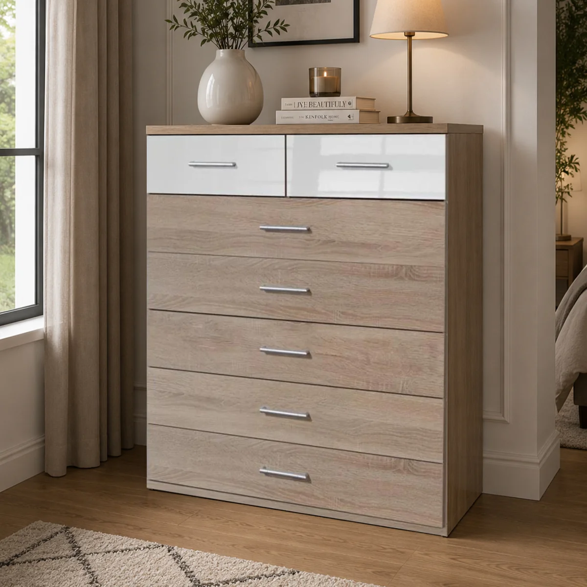 Belgravia 5+2 Chest of Drawers Oak and White Gloss - Oak – image 1
