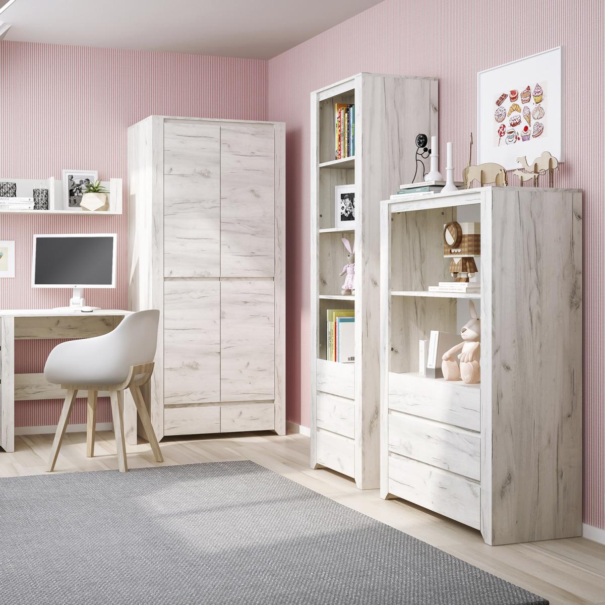 Marbel Three Drawer Cupboard with Open Shelf - White Craft Oak – image 4