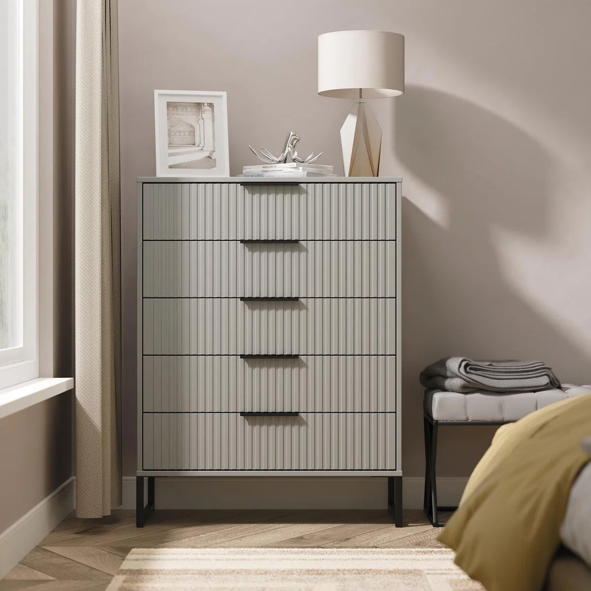 Fluted Ready Assembled 5 Drawer Chest - Dusk Grey
