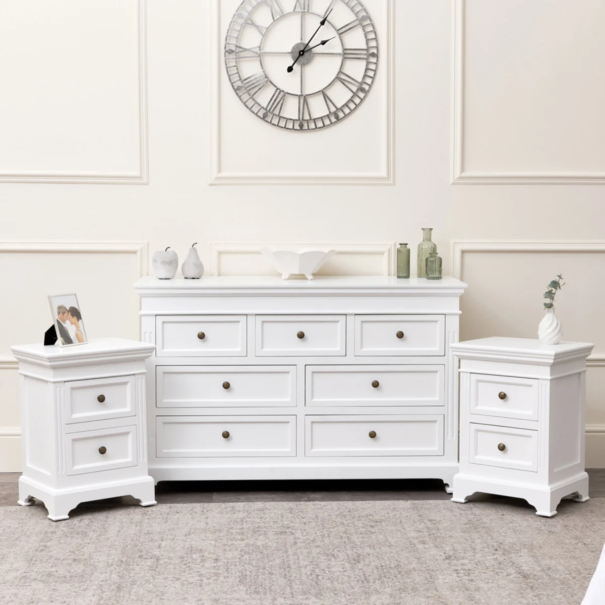 Large White 7 Drawer Chest Of Drawers & Pair Of Bedside Tables - Daventry White Range – image 1