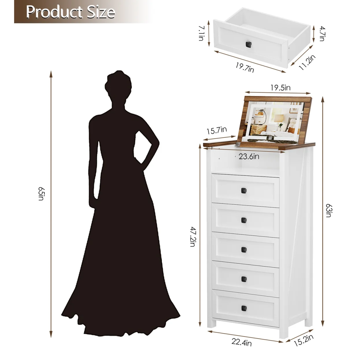 Tall Chest of Drawers Bedroom with LED Mirror for Bedroom Living Room - White – image 2