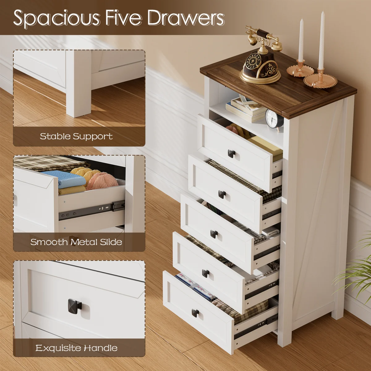 Tall Chest of Drawers Bedroom with LED Mirror for Bedroom Living Room - White – image 4