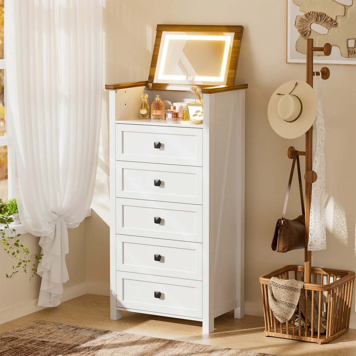 Tall Chest of Drawers Bedroom with LED Mirror for Bedroom Living Room - White – image 1