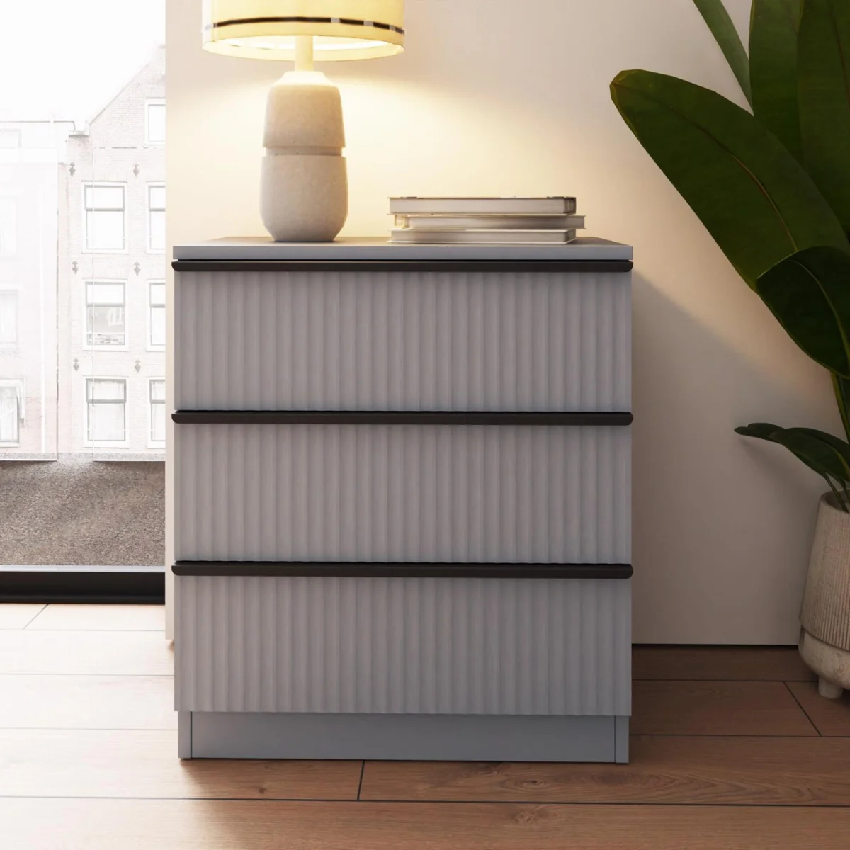 FWStyle Matt Grey 3 Drawer Chest of Drawers Modern Ripple Design - Matt Grey – image 2