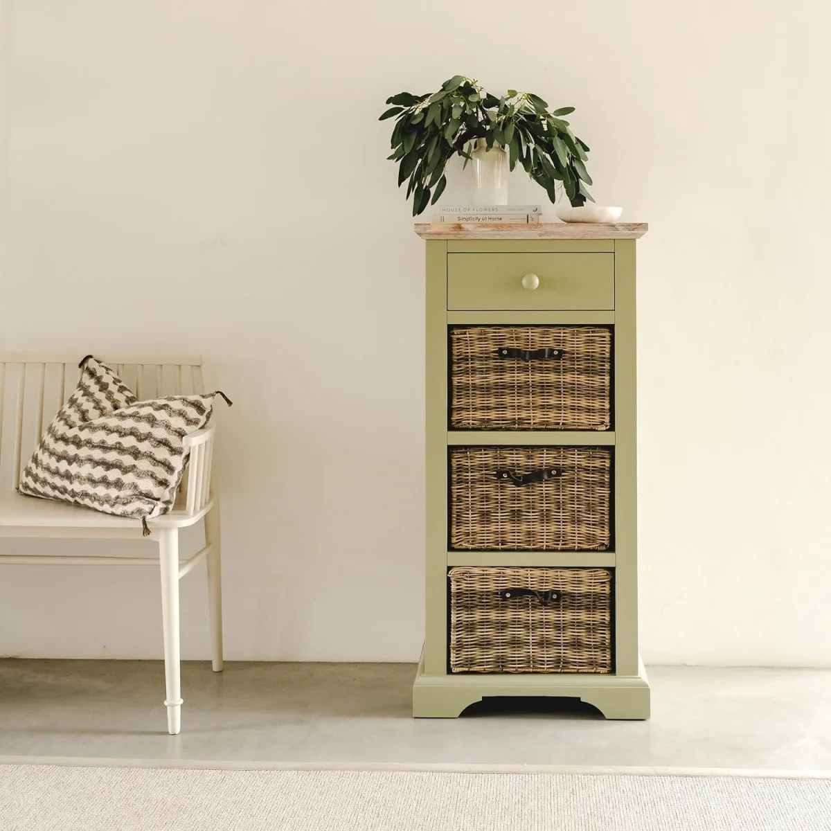 Florence Tallboy With Drawer and Storage Baskets - Sage Green