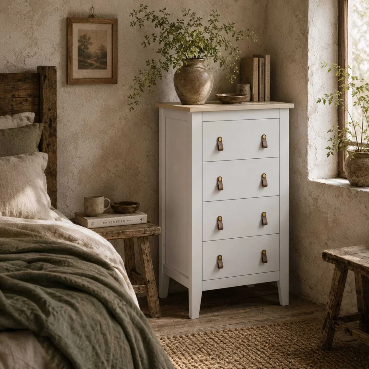 Rasusa White 4-Drawer Modern Chest with Faux Leather Handles 60 x 40 x 98 cm – image 2