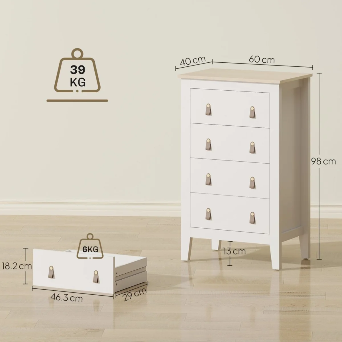 Rasusa White 4-Drawer Modern Chest with Faux Leather Handles 60 x 40 x 98 cm – image 5
