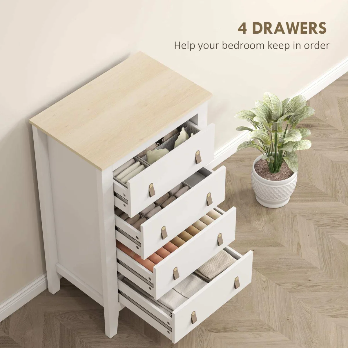 Rasusa White 4-Drawer Modern Chest with Faux Leather Handles 60 x 40 x 98 cm – image 6