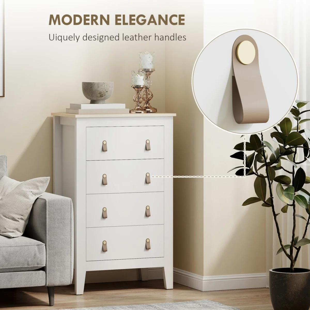 Rasusa White 4-Drawer Modern Chest with Faux Leather Handles 60 x 40 x 98 cm – image 7