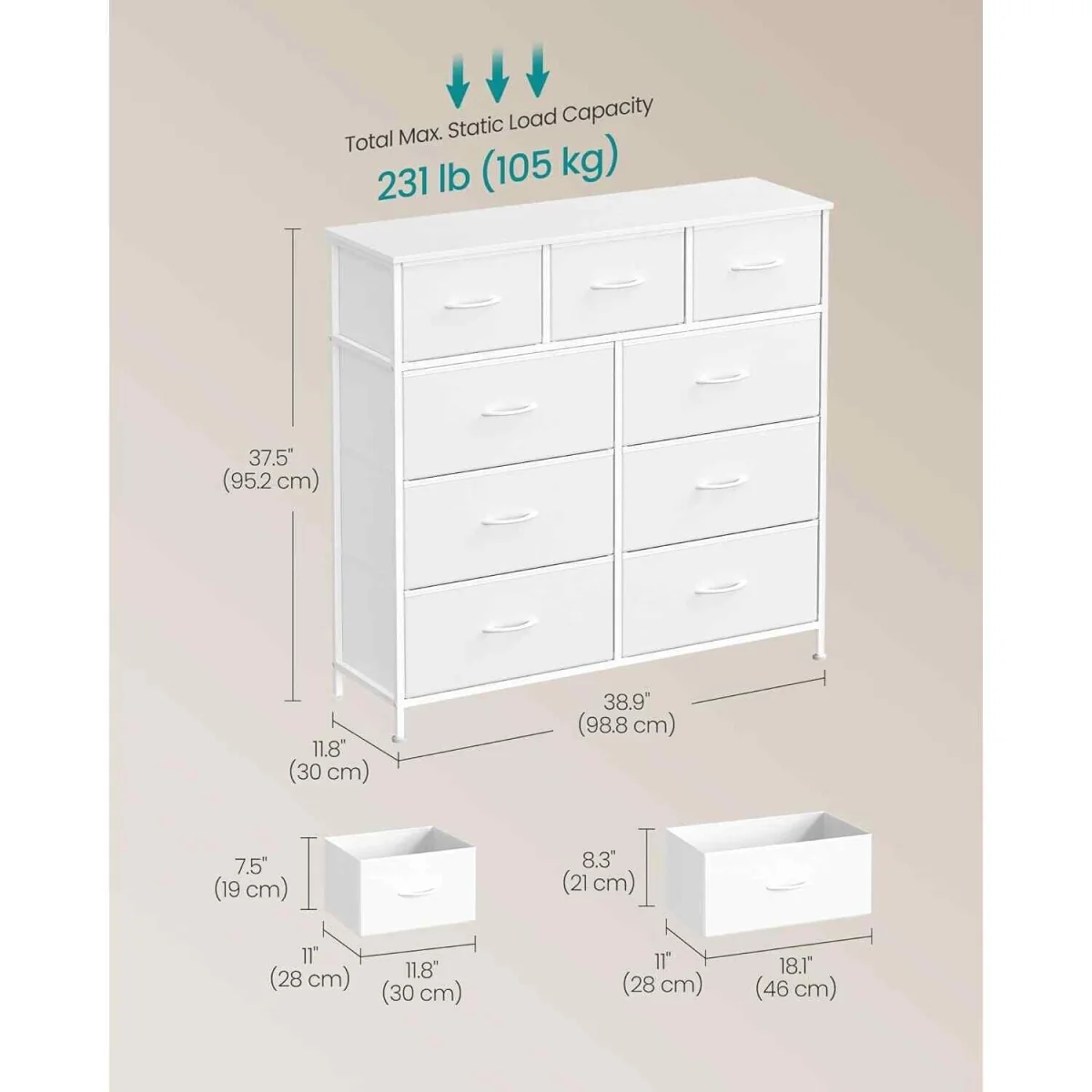 9 Drawer Fabric Chest of Drawers, White - Cloud White, Snow White – image 2