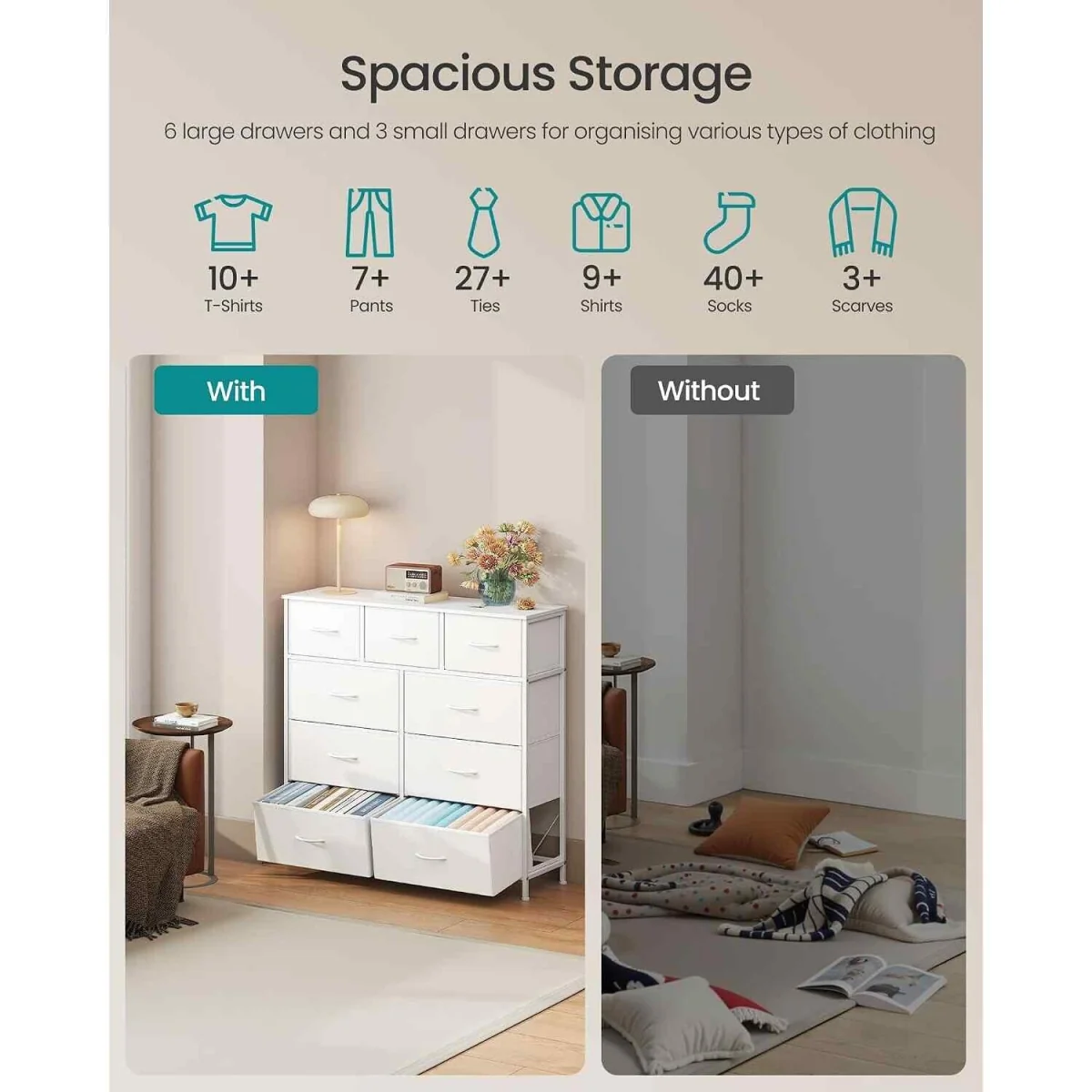 9 Drawer Fabric Chest of Drawers, White - Cloud White, Snow White – image 4