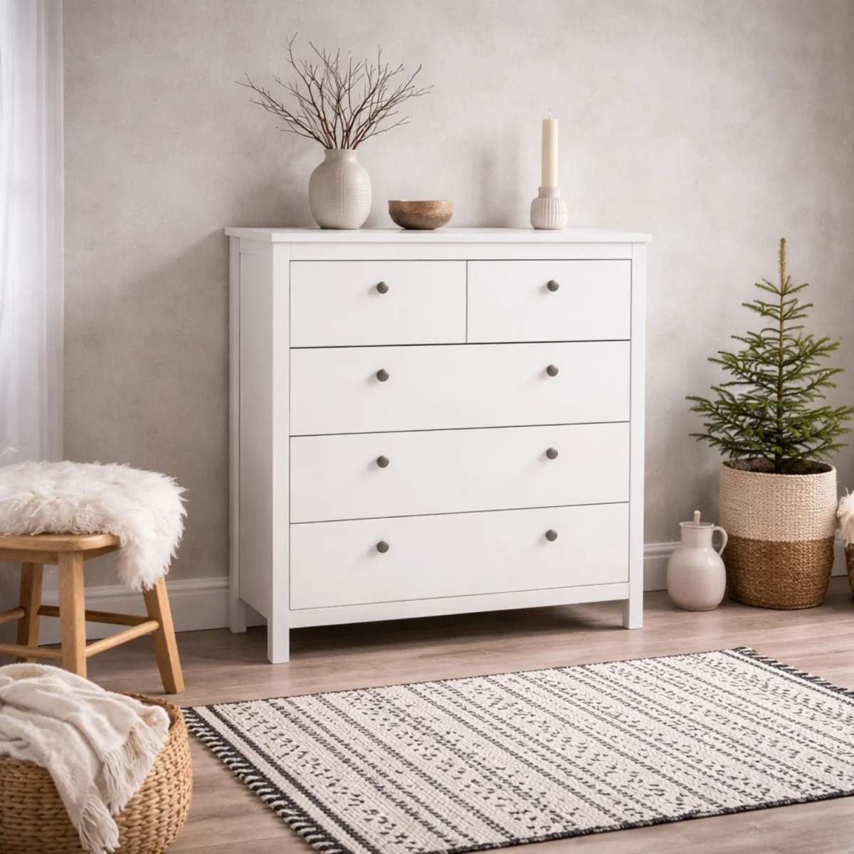 Wyld Haus Gossmere 5-Drawer Tall Chest, Matt White, Silver Plastic Handles - White – image 3