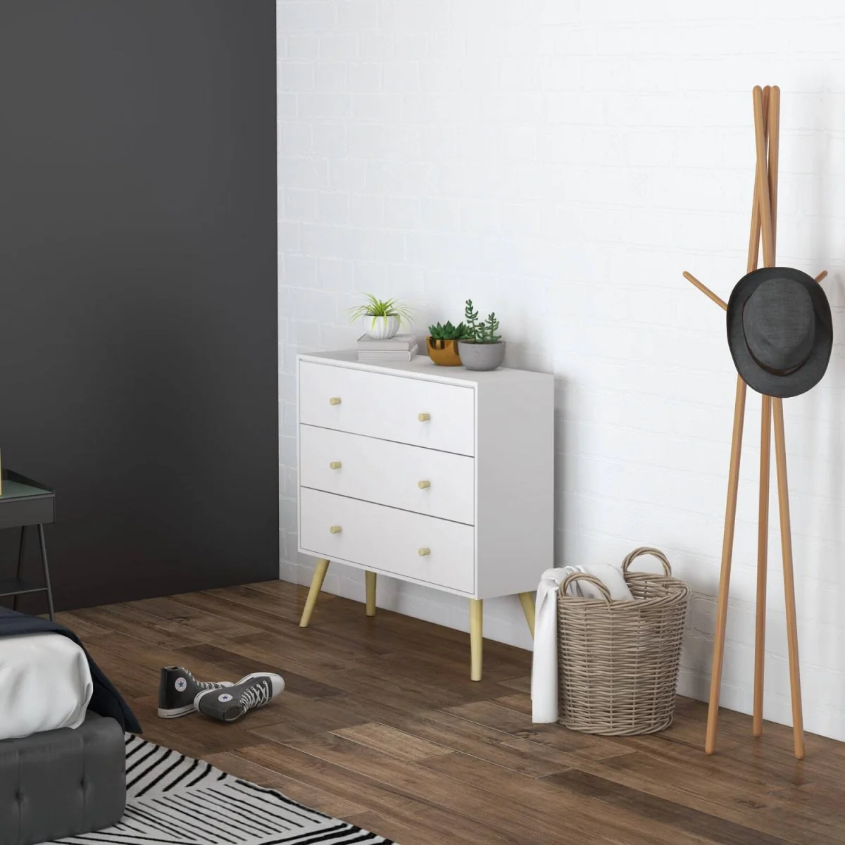 Lerosa Scandi 3-Drawer Chest, White with Natural Angled Wooden Legs – image 4