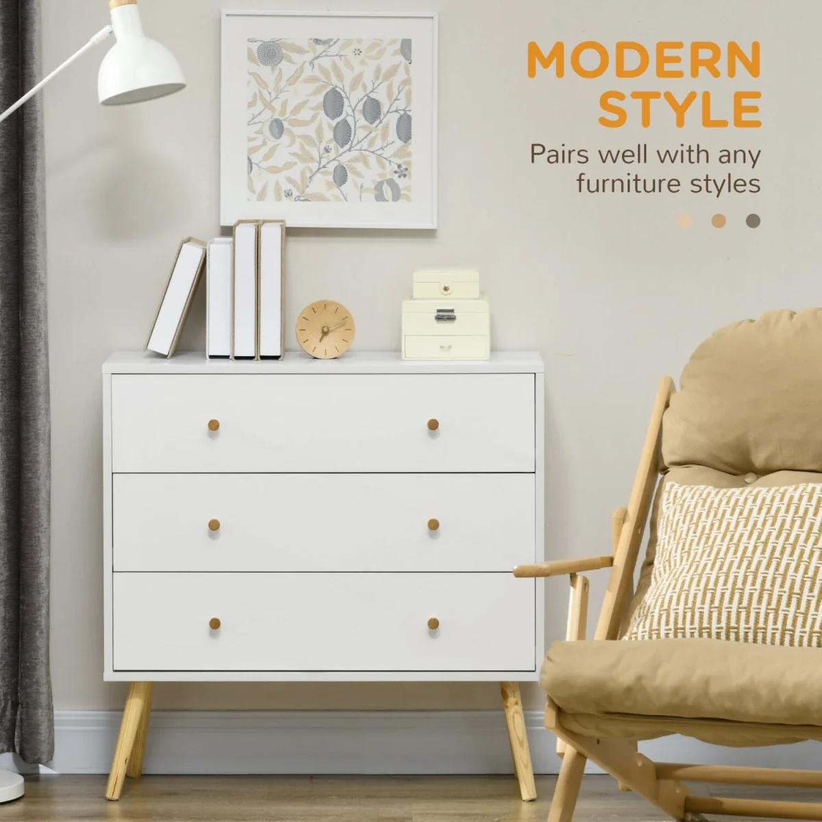 Lerosa Scandi 3-Drawer Chest, White with Natural Angled Wooden Legs – image 6