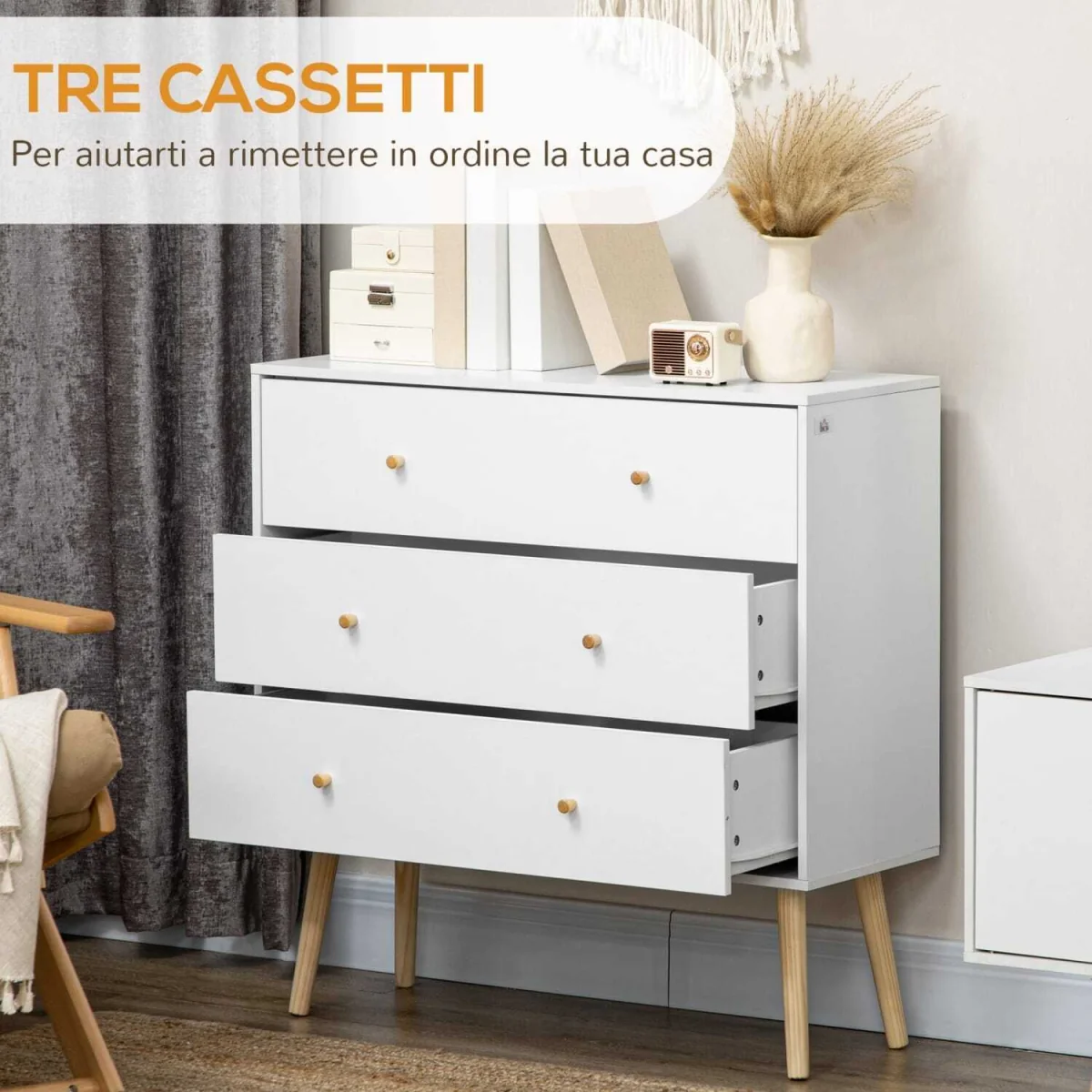 Lerosa Scandi 3-Drawer Chest, White with Natural Angled Wooden Legs – image 7