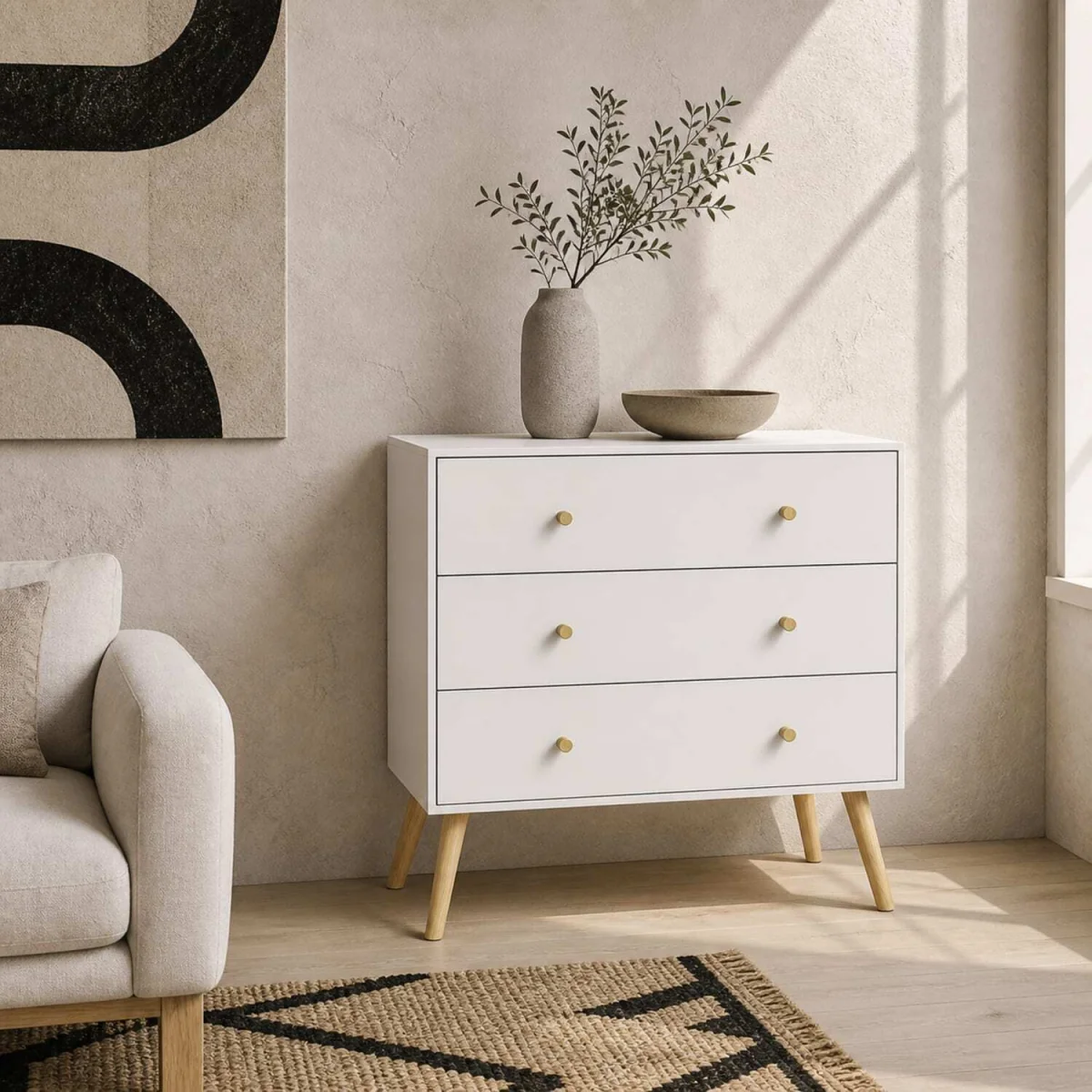 Lerosa Scandi 3-Drawer Chest, White with Natural Angled Wooden Legs – image 1