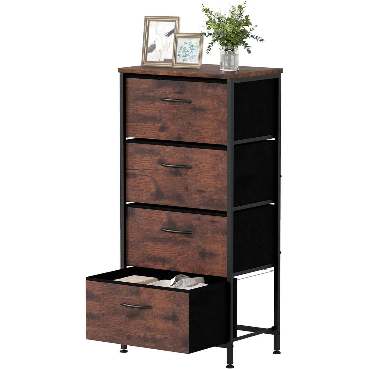 4 Drawers Fabric Dresser with Wooden Top-Brown - Black – image 2