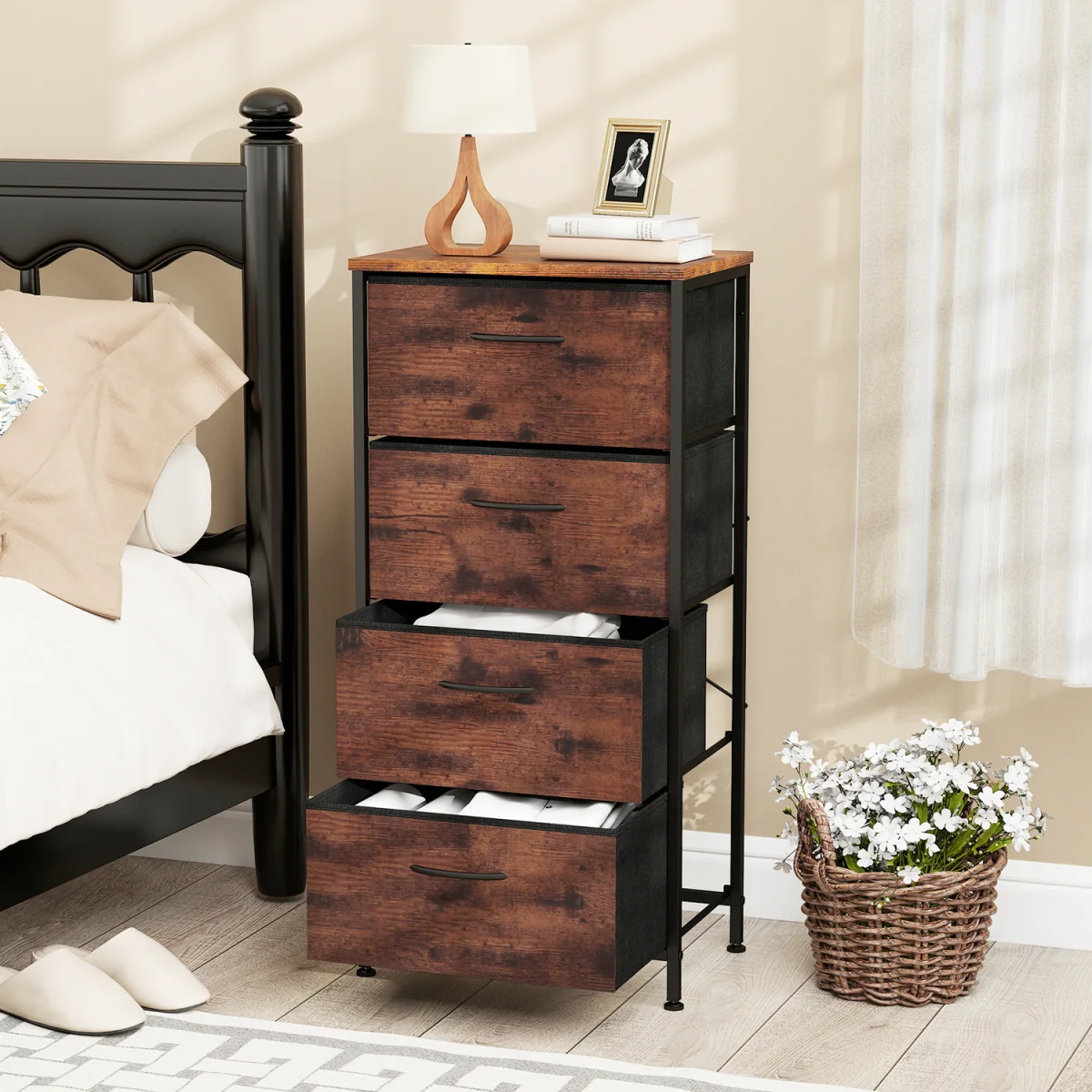 4 Drawers Fabric Dresser with Wooden Top-Brown - Black – image 4