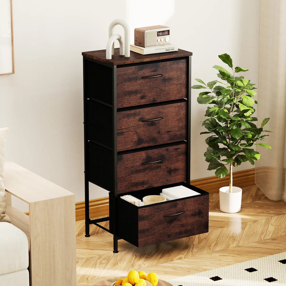 4 Drawers Fabric Dresser with Wooden Top-Brown - Black – image 5