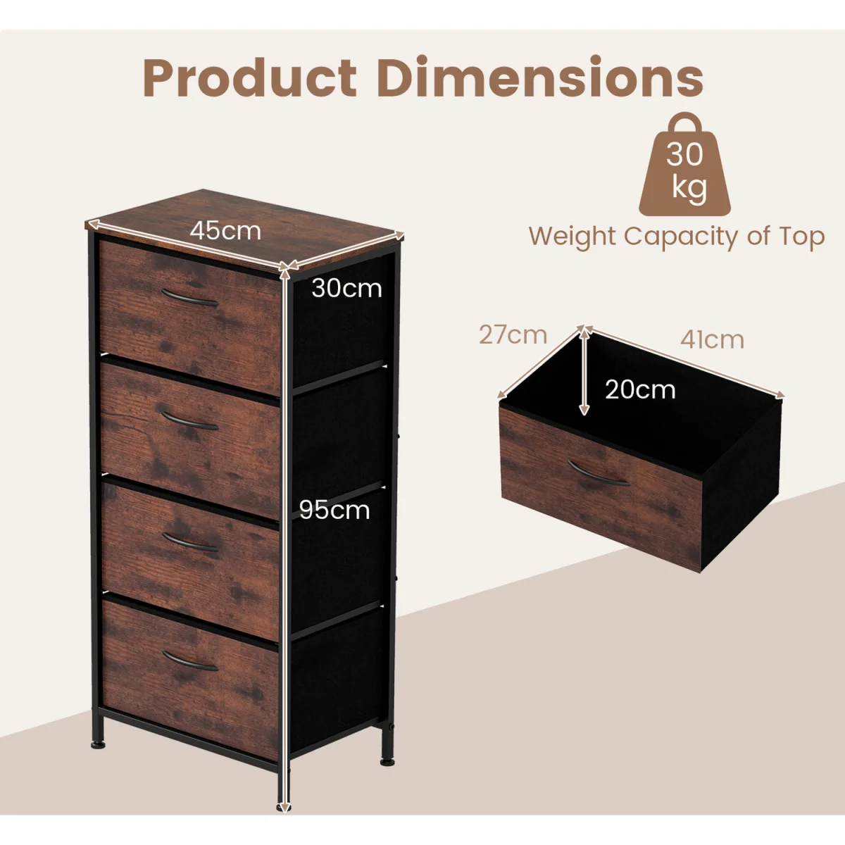 4 Drawers Fabric Dresser with Wooden Top-Brown - Black – image 6