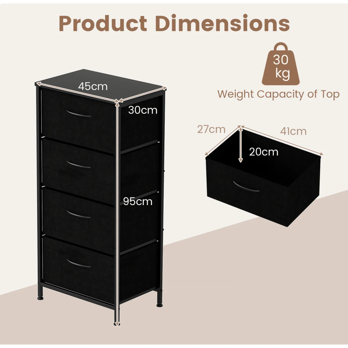 4 Drawers Fabric Dresser with Wooden Top-Brown - Black – image 7