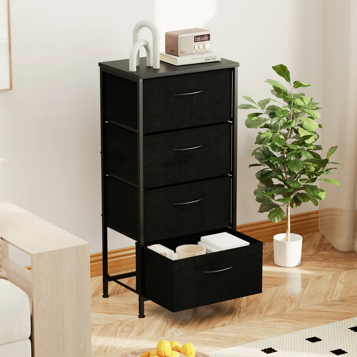 4 Drawers Fabric Dresser with Wooden Top-Brown - Black – image 8