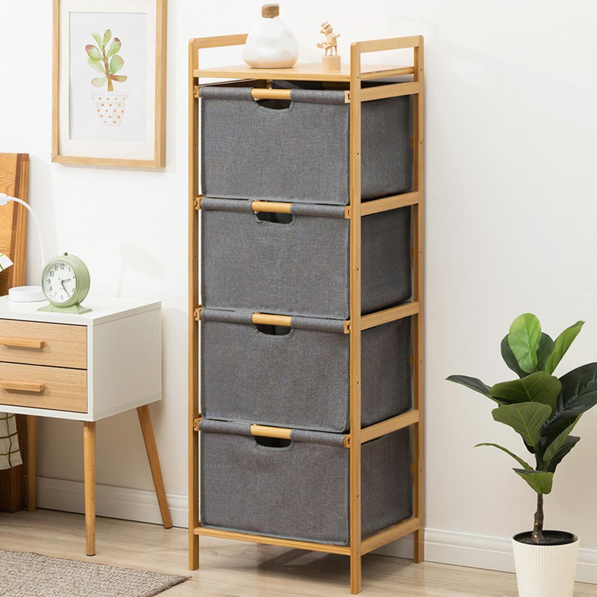 Bamboo Wood Oxford Fabric Chest of 4 Drawers Clothes Storage Shelf Bedroom - Grey – image 2