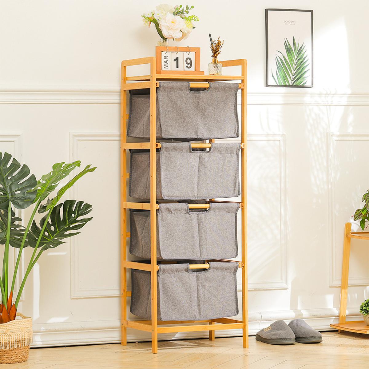 Bamboo Wood Oxford Fabric Chest of 4 Drawers Clothes Storage Shelf Bedroom - Grey – image 3